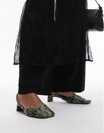 Diana square toe mid heeled shoes in khaki snake print