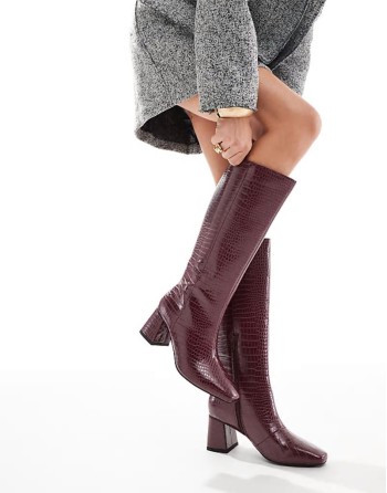 Lara mid block heel knee boots in burgundy croc