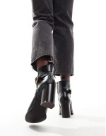 Wide Fit Regan mid-heel buckle boots in black