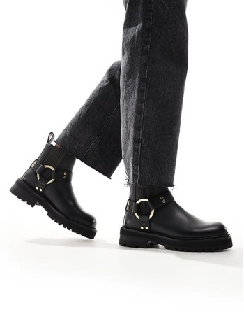Maddie leather harness biker boots in black