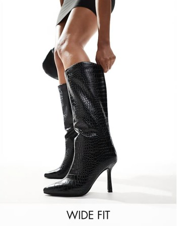 ‌Stylish kitten heel knee boots in black croc