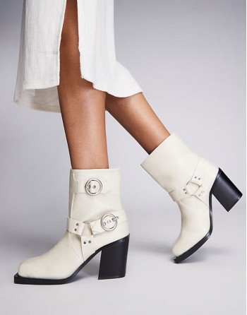 ‌Stylish Freak heeled ankle biker boot in cream