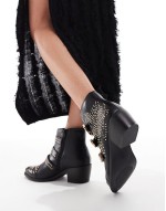 Cattle studded buckle detail western boots in black