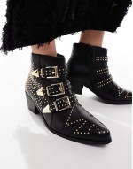 Cattle studded buckle detail western boots in black