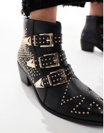 Cattle studded buckle detail western boots in black