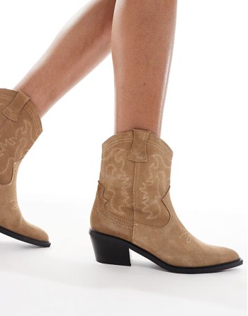 heeled leather ankle western boot in brown suede