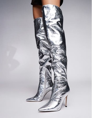 Epic pointed stiletto heelover the knee boots in silver
