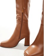 knee high block heeled boots in camel