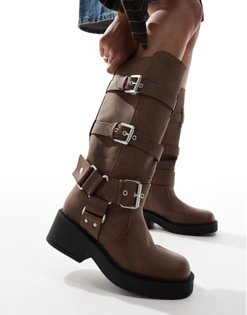 Captain multi-buckle biker knee boots in brown