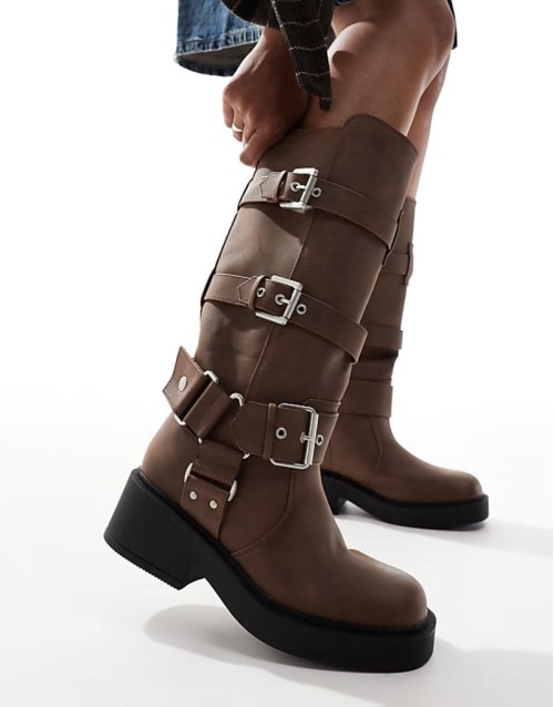 Captain multi-buckle biker knee boots in brown