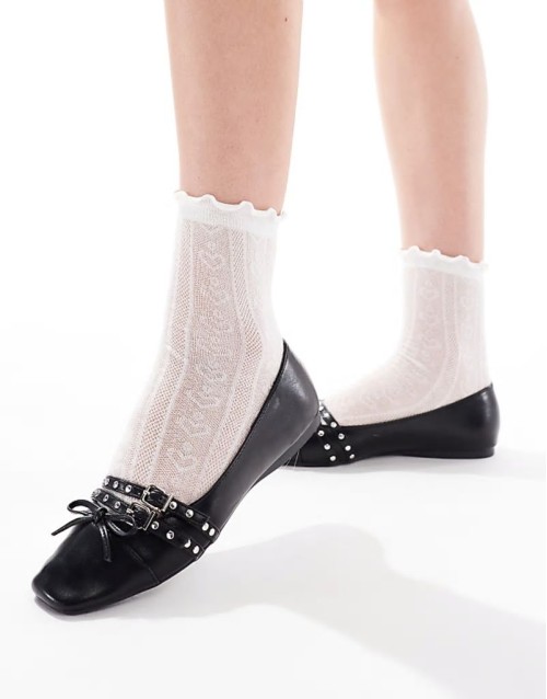 studded buckle ballet shoe in patent black