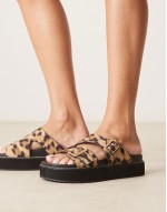 Narina asymmetric double buckle flatform sandals in leopard